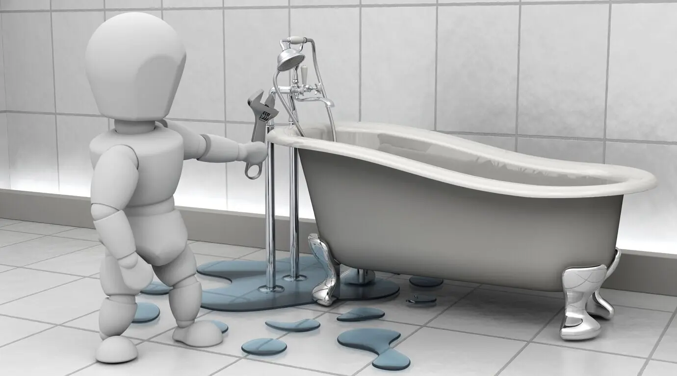A 3D rendering of a plumber repairing a leak.